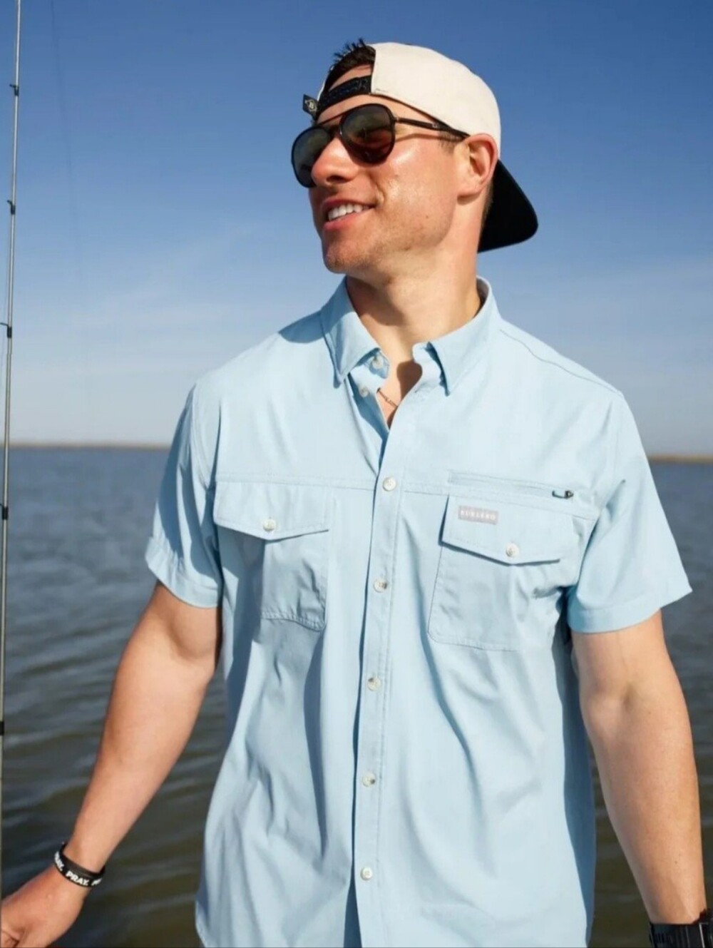 Burlebo Mens Dusty Blue Button Up Performance Shortsleeve Fishing Shirt Medium